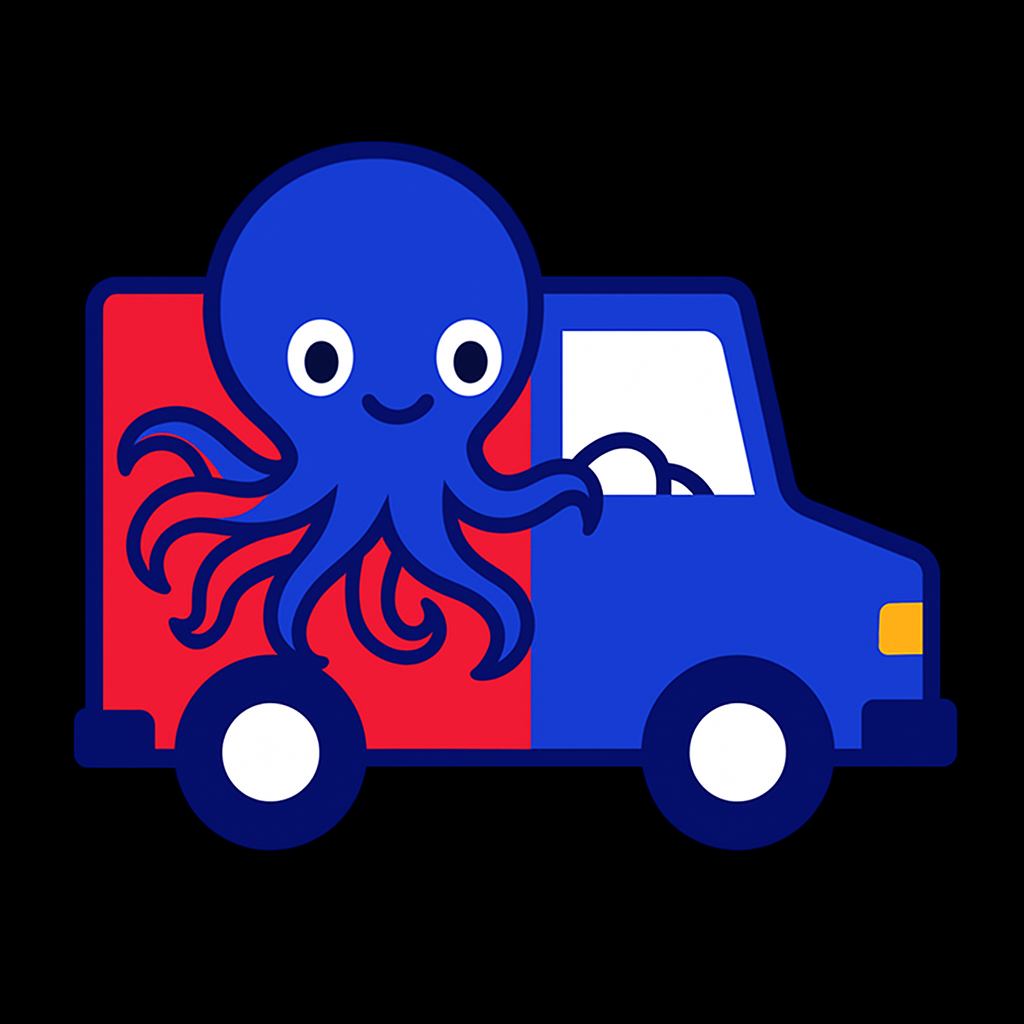 friendly octopus driving red truck